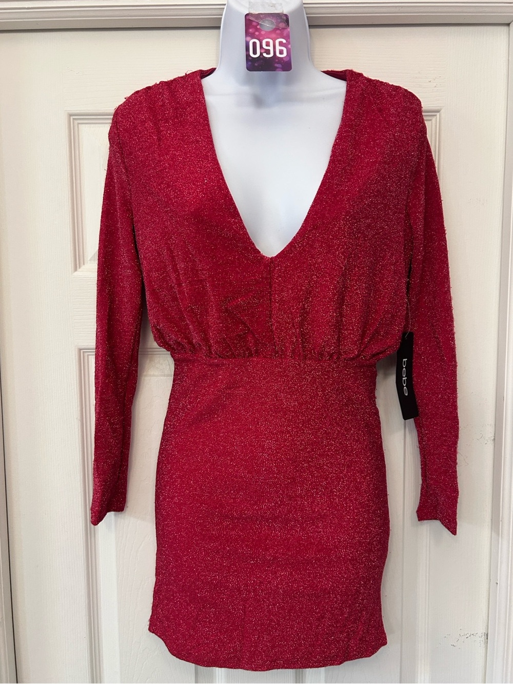 bebe Red Sparkle Plunging Long Sleeve Mini Dress